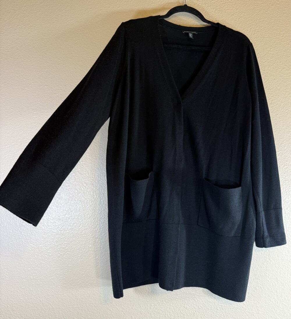 Eileen Fisher Medium Sweater Cardigan Black Merino Wool Open Front *FLAW